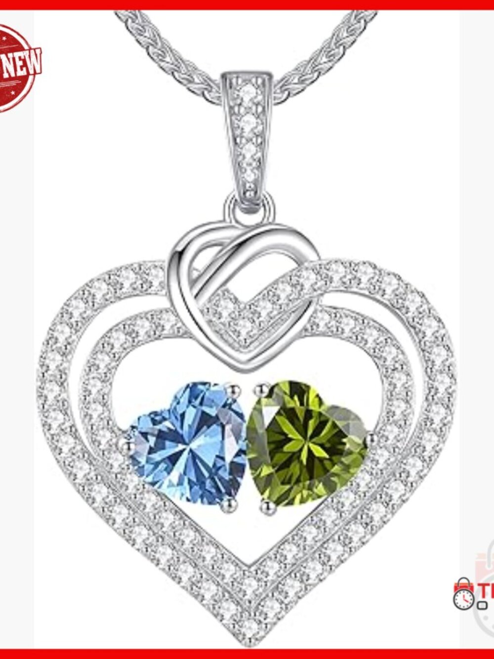 Sterling Silver Double Heart Birthstone Pendant Necklace, 18+2 Inch Chain